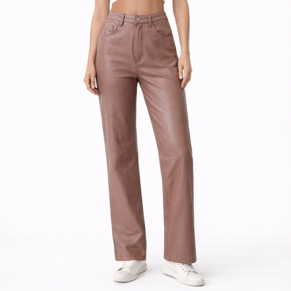 Abercrombie & Fitch 90s Straight Faux Leather Pants Women's 28 Brown High Rise‎